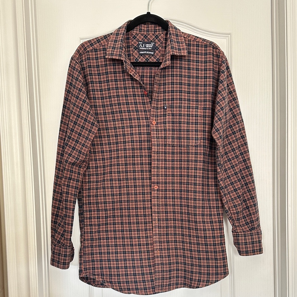 Armani Jeans Men’s Plaid Button-Down Shirt - Rust and Black